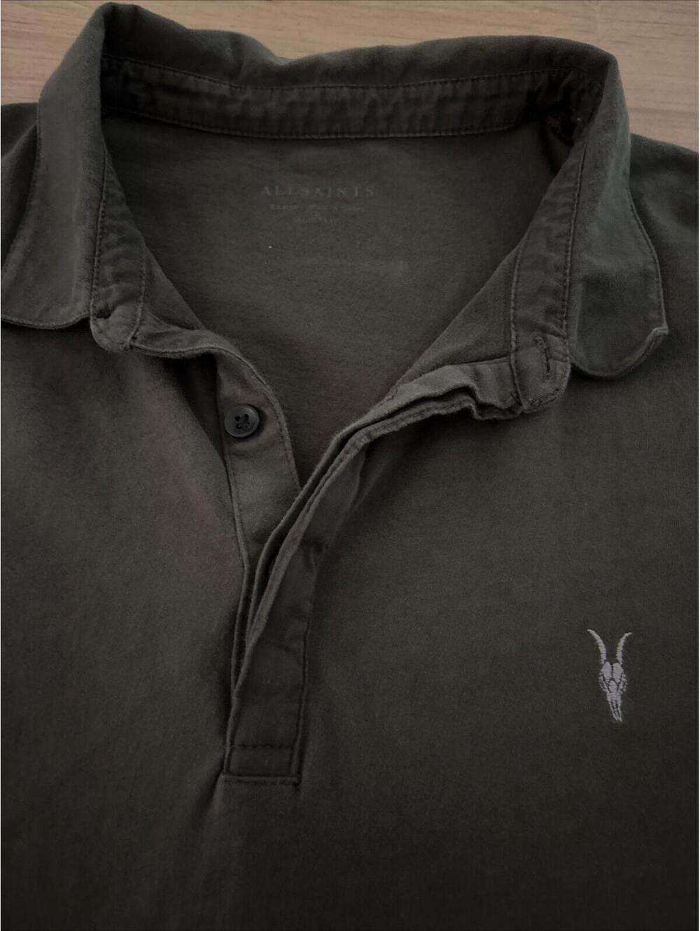Vintage AllSaints Men’s Polo Shirt XL Fits Smaller Gray Distressed Short Sleeve - Picture 2 of 6